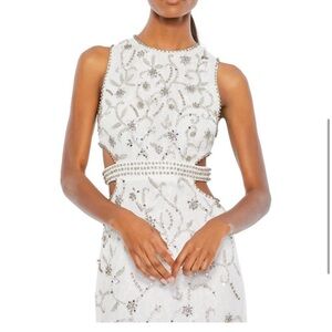 Mac Duggal Women's White Cutout High Neck Beaded Column Long Gown Prom Dress 12